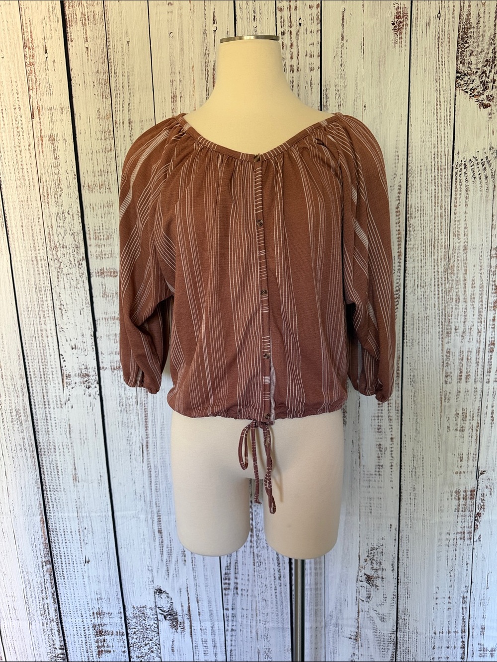 Liberty Love Rust Striped Button-Front Peasant Top - Picture 1 of 6
